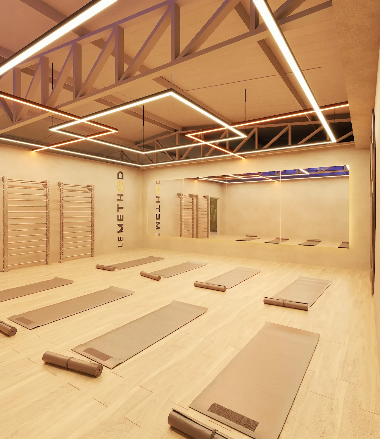 Sala Zen com iluminação suave e ambiente calmo